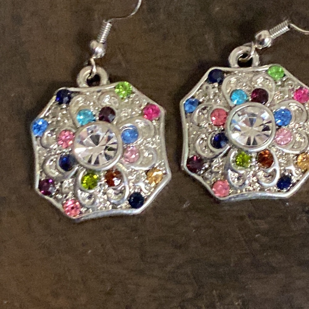 Multi Color Rhinestone Silver Tone Pierced dangle earrings - Picture 3 of 3